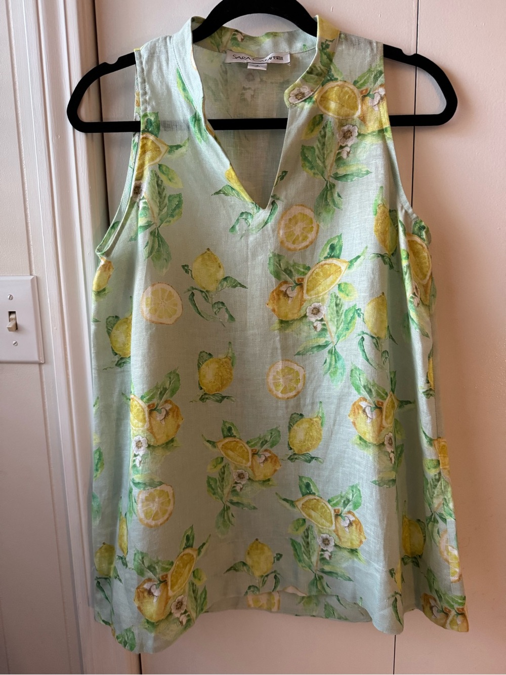 Sara Campbell 100% Linen Lemon Print Sleeveless Tunic Top Small USA Made